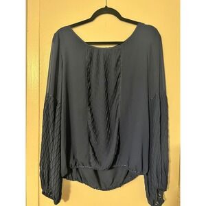 Studio M Womens Navy Blue Pleated Textured Chiffon Bishop Sleeve Blouse Large